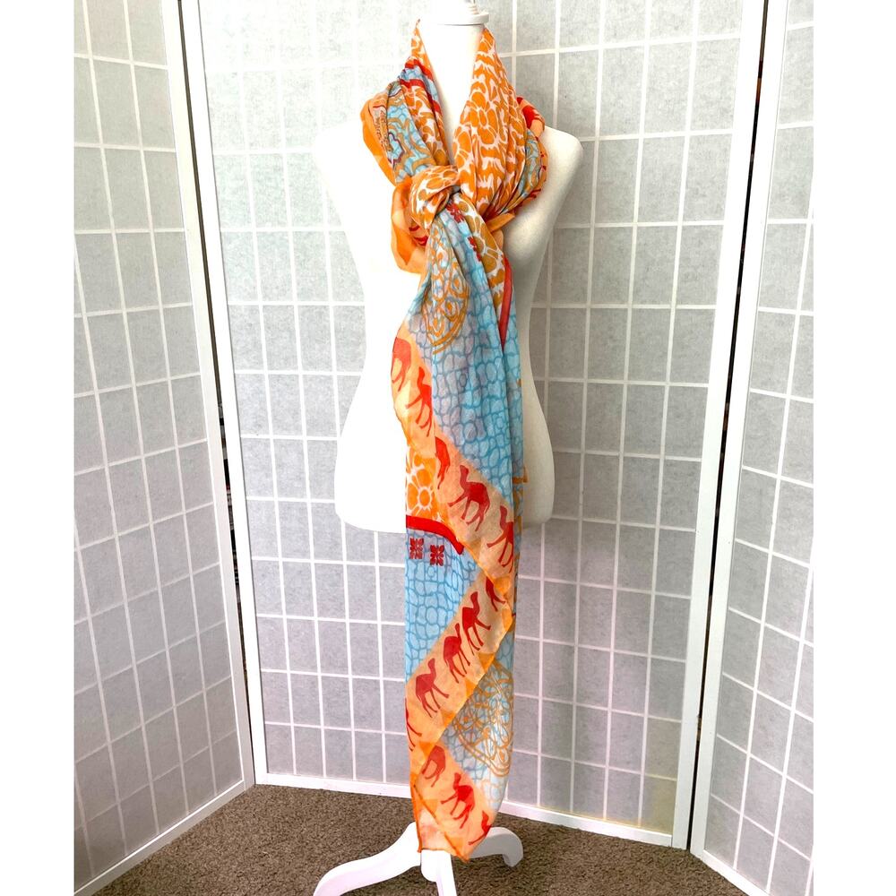 Printed Village Camel Scarf Oversized Wrap Orange Boho Chic Airy Lightweight Fun